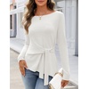 MEROKEETY Womens Fall Tie Front Ruched Long Sleeve Sweaters | Lightweight Pullover, Boat Neck, Ribbed Knit, Side Slit, Trendy Asymmetrical Knot Tops, Business Casual, Teacher Outfits 2026(White)