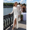 MEROKEETY Womens Fall Wedding Guest Cocktail Long Sleeve Bodycon Maxi Dress | Mesh, Ruffle Side Slit, Ruched, Sheer Sleeve, Long, Stretchy Lightweight, Formal Elengant Sexy, Party, Baby Shower, Prom Hoco(White)