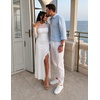 MEROKEETY Womens Fall Wedding Guest Cocktail Long Sleeve Bodycon Maxi Dress | Mesh, Ruffle Side Slit, Ruched, Sheer Sleeve, Long, Stretchy Lightweight, Formal Elengant Sexy, Party, Baby Shower, Prom Hoco(White)