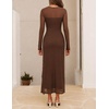 MEROKEETY Womens Fall Wedding Guest Cocktail Long Sleeve Bodycon Maxi Dress | Mesh, Ruffle Side Slit, Ruched, Sheer Sleeve, Long, Stretchy Lightweight, Formal Elengant Sexy, Party, Baby Shower, Prom Hoco(Coffee)
