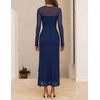 MEROKEETY Womens Fall Wedding Guest Cocktail Long Sleeve Bodycon Maxi Dress | Mesh, Ruffle Side Slit, Ruched, Sheer Sleeve, Long, Stretchy Lightweight, Formal Elengant Sexy, Party, Baby Shower, Prom Hoco(Navy)