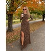MEROKEETY Womens Fall Wedding Guest Dress Formal Long Sleeve Maxi Dresses | Floral Cocktail Prom Dress, Ruched Waist, Asymmetric Ruffle Hem, High Slit, Bodycon, Double Lined, Rehearsal Bride Long Dress(Brown)