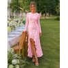 MEROKEETY Womens Fall Wedding Guest Dress Formal Long Sleeve Maxi Dresses | Floral Cocktail Prom Dress, Ruched Waist, Asymmetric Ruffle Hem, High Slit, Bodycon, Double Lined, Rehearsal Bride Long Dress(Pink)