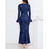 MEROKEETY Women’s Floral Wedding Guest Cocktail Maxi Dress | Ruffled Bell Long Sleeve, 2026 Fall Mesh Dress, Crew Neck, Lined, Bodycon, Prom Homecoming Clothes, Formal Elegant Outfits(Navy)