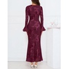 MEROKEETY Women’s Floral Wedding Guest Cocktail Maxi Dress | Ruffled Bell Long Sleeve, 2026 Fall Mesh Dress, Crew Neck, Lined, Bodycon, Prom Homecoming Clothes, Formal Elegant Outfits(Burgundy)