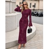 MEROKEETY Women’s Floral Wedding Guest Cocktail Maxi Dress | Ruffled Bell Long Sleeve, 2026 Fall Mesh Dress, Crew Neck, Lined, Bodycon, Prom Homecoming Clothes, Formal Elegant Outfits(Burgundy)
