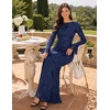 MEROKEETY Women’s Floral Wedding Guest Cocktail Maxi Dress | Ruffled Bell Long Sleeve, 2026 Fall Mesh Dress, Crew Neck, Lined, Bodycon, Prom Homecoming Clothes, Formal Elegant Outfits(Navy)
