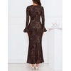 MEROKEETY Women’s Floral Wedding Guest Cocktail Maxi Dress | Ruffled Bell Long Sleeve, 2026 Fall Mesh Dress, Crew Neck, Lined, Bodycon, Prom Homecoming Clothes, Formal Elegant Outfits(Coffee)