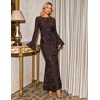 MEROKEETY Women’s Floral Wedding Guest Cocktail Maxi Dress | Ruffled Bell Long Sleeve, 2026 Fall Mesh Dress, Crew Neck, Lined, Bodycon, Prom Homecoming Clothes, Formal Elegant Outfits(Coffee)