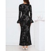 MEROKEETY Women’s Floral Wedding Guest Cocktail Maxi Dress | Ruffled Bell Long Sleeve, 2026 Fall Mesh Dress, Crew Neck, Lined, Bodycon, Prom Homecoming Clothes, Formal Elegant Outfits(Black)