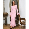 MEROKEETY Women’s Floral Wedding Guest Cocktail Maxi Dress | Ruffled Bell Long Sleeve, 2026 Fall Mesh Dress, Crew Neck, Lined, Bodycon, Prom Homecoming Clothes, Formal Elegant Outfits(Pink)