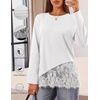 MEROKEETY Women’s Long Sleeve Tops Fall 2026 Lace Patchwork Casual Shirts | Elegant Asymmetrical Hem, Classic Crew Neck, Ribbed Trim, Cotton, Trendy Fashion, Loose Fit, Going Out Date Night Blouse(White)