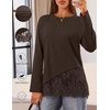 MEROKEETY Women’s Long Sleeve Tops Fall 2026 Lace Patchwork Casual Shirts | Elegant Asymmetrical Hem, Classic Crew Neck, Ribbed Trim, Cotton, Trendy Fashion, Loose Fit, Going Out Date Night Blouse(Coffee)