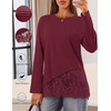 MEROKEETY Women’s Long Sleeve Tops Fall 2026 Lace Patchwork Casual Shirts | Elegant Asymmetrical Hem, Classic Crew Neck, Ribbed Trim, Cotton, Trendy Fashion, Loose Fit, Going Out Date Night Blouse(Burgundy)