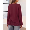 MEROKEETY Women’s Long Sleeve Tops Fall 2026 Lace Patchwork Casual Shirts | Elegant Asymmetrical Hem, Classic Crew Neck, Ribbed Trim, Cotton, Trendy Fashion, Loose Fit, Going Out Date Night Blouse(Burgundy)