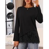 MEROKEETY Women’s Long Sleeve Tops Fall 2026 Lace Patchwork Casual Shirts | Elegant Asymmetrical Hem, Classic Crew Neck, Ribbed Trim, Cotton, Trendy Fashion, Loose Fit, Going Out Date Night Blouse(Black)