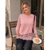 MEROKEETY Women’s Long Sleeve Tops Fall 2026 Lace Patchwork Casual Shirts | Elegant Asymmetrical Hem, Classic Crew Neck, Ribbed Trim, Cotton, Trendy Fashion, Loose Fit, Going Out Date Night Blouse(Pink)