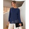 MEROKEETY Women’s Long Sleeve Tops Fall 2026 Lace Patchwork Casual Shirts | Elegant Asymmetrical Hem, Classic Crew Neck, Ribbed Trim, Cotton, Trendy Fashion, Loose Fit, Going Out Date Night Blouse(Navy)