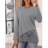 MEROKEETY Women’s Long Sleeve Tops Fall 2026 Lace Patchwork Casual Shirts | Elegant Asymmetrical Hem, Classic Crew Neck, Ribbed Trim, Cotton, Trendy Fashion, Loose Fit, Going Out Date Night Blouse(Grey)