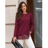MEROKEETY Women’s Long Sleeve Tops Fall 2026 Lace Patchwork Casual Shirts | Elegant Asymmetrical Hem, Classic Crew Neck, Ribbed Trim, Cotton, Trendy Fashion, Loose Fit, Going Out Date Night Blouse(Burgundy)