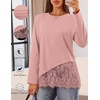 MEROKEETY Women’s Long Sleeve Tops Fall 2026 Lace Patchwork Casual Shirts | Elegant Asymmetrical Hem, Classic Crew Neck, Ribbed Trim, Cotton, Trendy Fashion, Loose Fit, Going Out Date Night Blouse(Pink)