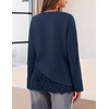 MEROKEETY Women’s Long Sleeve Tops Fall 2026 Lace Patchwork Casual Shirts | Elegant Asymmetrical Hem, Classic Crew Neck, Ribbed Trim, Cotton, Trendy Fashion, Loose Fit, Going Out Date Night Blouse(Navy)