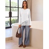 MEROKEETY Women’s Long Sleeve Tops Fall 2026 Lace Patchwork Casual Shirts | Elegant Asymmetrical Hem, Classic Crew Neck, Ribbed Trim, Cotton, Trendy Fashion, Loose Fit, Going Out Date Night Blouse(White)