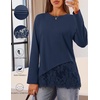 MEROKEETY Women’s Long Sleeve Tops Fall 2026 Lace Patchwork Casual Shirts | Elegant Asymmetrical Hem, Classic Crew Neck, Ribbed Trim, Cotton, Trendy Fashion, Loose Fit, Going Out Date Night Blouse(Navy)