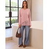 MEROKEETY Women’s Long Sleeve Tops Fall 2026 Lace Patchwork Casual Shirts | Elegant Asymmetrical Hem, Classic Crew Neck, Ribbed Trim, Cotton, Trendy Fashion, Loose Fit, Going Out Date Night Blouse(Pink)