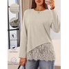 MEROKEETY Women’s Long Sleeve Tops Fall 2026 Lace Patchwork Casual Shirts | Elegant Asymmetrical Hem, Classic Crew Neck, Ribbed Trim, Cotton, Trendy Fashion, Loose Fit, Going Out Date Night Blouse(Sand)