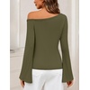 MEROKEETY Women’s Off Shoulder Bell Long Sleeve Tops Fall Going Out Shirts | 2026 One Shoulder, Asymmetrical Top, Metal Rivets, Fitted T-Shirt, Date Night, Streetwear, Trendy Outfits, Y2k Clothes(Armygreen)