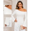 MEROKEETY Women’s Off Shoulder Bell Long Sleeve Tops Fall Going Out Shirts | 2026 One Shoulder, Asymmetrical Top, Metal Rivets, Fitted T-Shirt, Date Night, Streetwear, Trendy Outfits, Y2k Clothes(White)