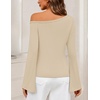 MEROKEETY Women’s Off Shoulder Bell Long Sleeve Tops Fall Going Out Shirts | 2026 One Shoulder, Asymmetrical Top, Metal Rivets, Fitted T-Shirt, Date Night, Streetwear, Trendy Outfits, Y2k Clothes(Apricot)
