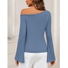 MEROKEETY Women’s Off Shoulder Bell Long Sleeve Tops Fall Going Out Shirts | 2026 One Shoulder, Asymmetrical Top, Metal Rivets, Fitted T-Shirt, Date Night, Streetwear, Trendy Outfits, Y2k Clothes(Dustyblue)
