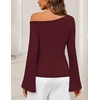 MEROKEETY Women’s Off Shoulder Bell Long Sleeve Tops Fall Going Out Shirts | 2026 One Shoulder, Asymmetrical Top, Metal Rivets, Fitted T-Shirt, Date Night, Streetwear, Trendy Outfits, Y2k Clothes(Wine)