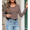 MEROKEETY Womens Striped Long Sleeve Shirts Fall Trendy Henley Tops | Ribbed Knit, Slim Fit, Lightweight, Color Block, Work T-Shirts, Cozy Going Out Top, Business Casual Outfits, Basic Tees 2026(Stripebrown)