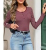 MEROKEETY Womens Striped Long Sleeve Shirts Fall Trendy Henley Tops | Ribbed Knit, Slim Fit, Lightweight, Color Block, Work T-Shirts, Cozy Going Out Top, Business Casual Outfits, Basic Tees 2026(Stripered)