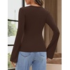 MEROKEETY Womens Wrap V Neck Long Sleeve Tops Fall Shirts | Slim Fitted, Cinched Waist Ruched, Stretchy Soft, Sexy Dressy Shirt, Going Out Clothes, Y2K Outfits, Light Workouts Blouse(Coffee)