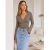 MEROKEETY Womens Wrap V Neck Long Sleeve Tops Fall Shirts | Slim Fitted, Cinched Waist Ruched, Stretchy Soft, Sexy Dressy Shirt, Going Out Clothes, Y2K Outfits, Light Workouts Blouse(Mocha)