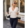 MEROKEETY Womens Wrap V Neck Long Sleeve Tops Fall Shirts | Slim Fitted, Cinched Waist Ruched, Stretchy Soft, Sexy Dressy Shirt, Going Out Clothes, Y2K Outfits, Light Workouts Blouse(White)
