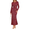 MEROKEETY Formal Fall Long Sleeve Sequin Bodycon Maxi Dress Women 2026 Gown | Sparkly, Fancy Jacquard Mesh, Lined, Side Slit, Lace-like, Cocktail Party, Dinner, Evening, Holiday, Wedding Guest Long Dress(Wine)