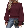 MEROKEETY Womens Boat Neck Long Lantern Sleeve Sweaters 2026 Dressy Casual | Hollow Out, Knitted, Cozy, Loose Ribbed Hem Pullover, Trendy Drop Shoulder Jumper Top, Fall Fashion, Layering Winter Clothing(Wine)
