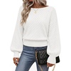 MEROKEETY Womens Boat Neck Long Lantern Sleeve Sweaters 2026 Dressy Casual | Hollow Out, Knitted, Cozy, Loose Ribbed Hem Pullover, Trendy Drop Shoulder Jumper Top, Fall Fashion, Layering Winter Clothing(White)
