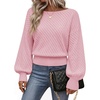 MEROKEETY Womens Boat Neck Long Lantern Sleeve Sweaters 2026 Dressy Casual | Hollow Out, Knitted, Cozy, Loose Ribbed Hem Pullover, Trendy Drop Shoulder Jumper Top, Fall Fashion, Layering Winter Clothing(Pink)