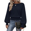 MEROKEETY Womens Boat Neck Long Lantern Sleeve Sweaters 2026 Dressy Casual | Hollow Out, Knitted, Cozy, Loose Ribbed Hem Pullover, Trendy Drop Shoulder Jumper Top, Fall Fashion, Layering Winter Clothing(Navy)