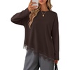 MEROKEETY Womens Fall Asymmetric Lace Long Sleeve Top 2026 | Crew Neck, Drop Shoulder, Loose Fit, Cotton Blend, Soft Stretchy, Going Out Clothes, Dressy Casual Blouse, Trendy T Shirts(Coffee)