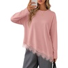 MEROKEETY Womens Fall Asymmetric Lace Long Sleeve Top 2026 | Crew Neck, Drop Shoulder, Loose Fit, Cotton Blend, Soft Stretchy, Going Out Clothes, Dressy Casual Blouse, Trendy T Shirts(Pink)