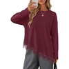 MEROKEETY Womens Fall Asymmetric Lace Long Sleeve Top 2026 | Crew Neck, Drop Shoulder, Loose Fit, Cotton Blend, Soft Stretchy, Going Out Clothes, Dressy Casual Blouse, Trendy T Shirts(Burgundy)
