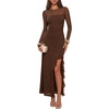 MEROKEETY Womens Fall Wedding Guest Cocktail Long Sleeve Bodycon Maxi Dress | Mesh, Ruffle Side Slit, Ruched, Sheer Sleeve, Long, Stretchy Lightweight, Formal Elengant Sexy, Party, Baby Shower, Prom Hoco(Coffee)