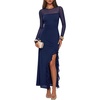 MEROKEETY Womens Fall Wedding Guest Cocktail Long Sleeve Bodycon Maxi Dress | Mesh, Ruffle Side Slit, Ruched, Sheer Sleeve, Long, Stretchy Lightweight, Formal Elengant Sexy, Party, Baby Shower, Prom Hoco(Navy)